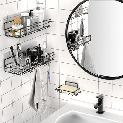 Raft de Duș cu Etajeră și Suport Săpun, Organizator Baie, Oțel Inoxidabil, 2 Rafturi, Negru, cu Adeziv