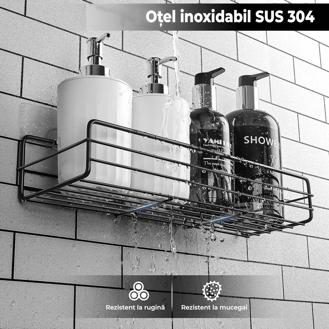 Raft de Duș cu Etajeră și Suport Săpun, Organizator Baie, Oțel Inoxidabil, 2 Rafturi, Negru, cu Adeziv