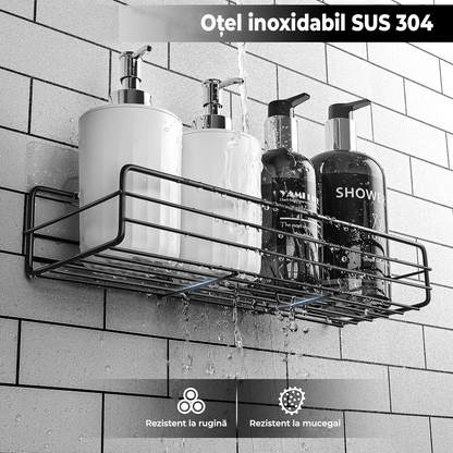 Raft de Duș cu Etajeră și Suport Săpun, Organizator Baie, Oțel Inoxidabil, 2 Rafturi, Negru, cu Adeziv
