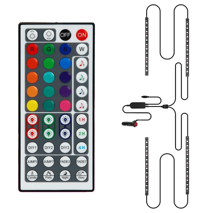 Kit Iluminare Ambientală Auto cu Bandă LED RGB și Telecomandă, 2 în 1, 4 Benzi, 16 Milioane de Culori, Sincronizare Muzicală, Personalizabil, 12V.