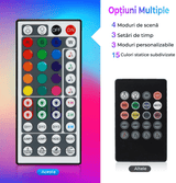 Kit Iluminare Ambientală Auto cu Bandă LED RGB și Telecomandă, 2 în 1, 4 Benzi, 16 Milioane de Culori, Sincronizare Muzicală, Personalizabil, 12V.