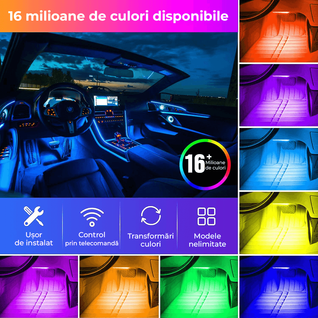 Kit Iluminare Ambientală Auto cu Bandă LED RGB și Telecomandă, 2 în 1, 4 Benzi, 16 Milioane de Culori, Sincronizare Muzicală, Personalizabil, 12V.
