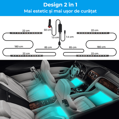 Kit Iluminare Ambientală Auto cu Bandă LED RGB și Telecomandă, 2 în 1, 4 Benzi, 16 Milioane de Culori, Sincronizare Muzicală, Personalizabil, 12V.
