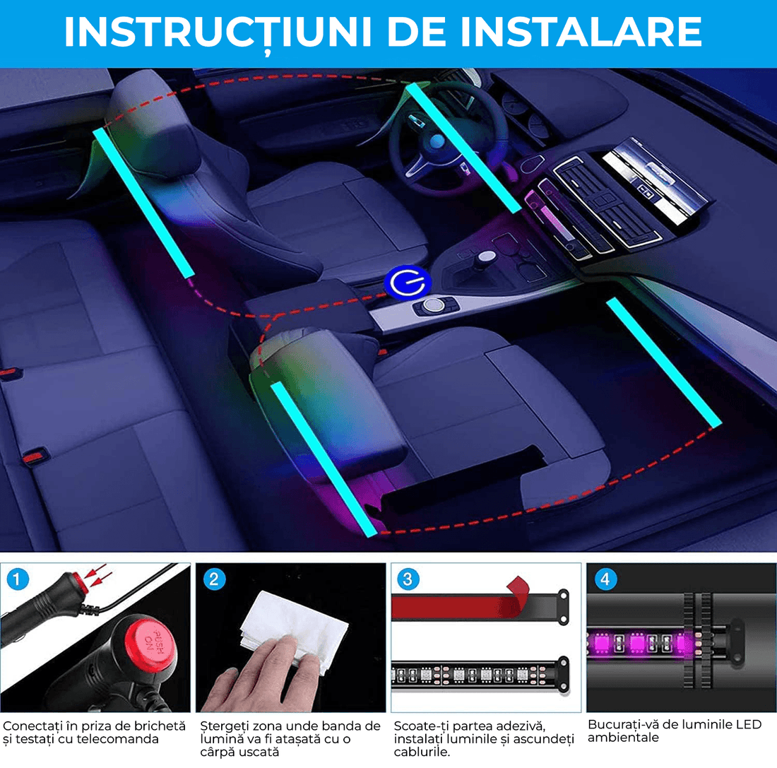 Kit Iluminare Ambientală Auto cu Bandă LED RGB și Telecomandă, 2 în 1, 4 Benzi, 16 Milioane de Culori, Sincronizare Muzicală, Personalizabil, 12V.