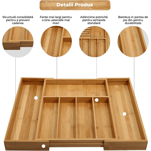 Organizator Tacâmuri și Ustensile Bambus, Sertar Extensibil, Bloc Cutite Detasabil, 33-55 cm