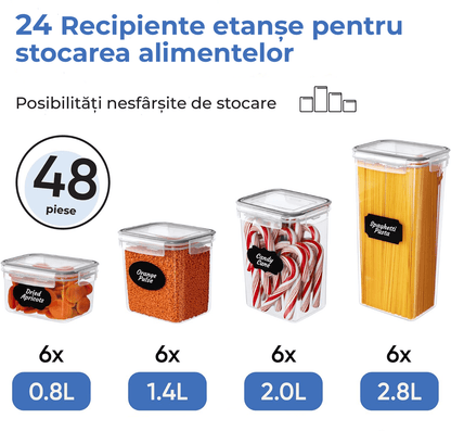Set 24 Recipiente pentru Alimente, Închidere Ermetică, Fără BPA, Etichete, Marker și Linguri