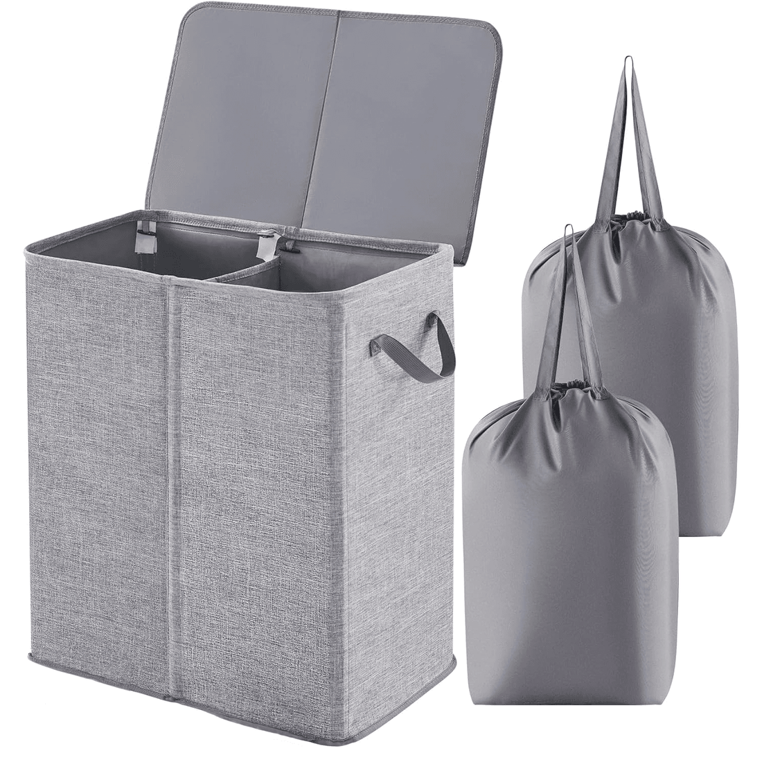 Coș de Rufe Pliabil, 2 Compartimente, 136 L, Sacii Detașabili, 55 x 77 x 35 cm, Gri