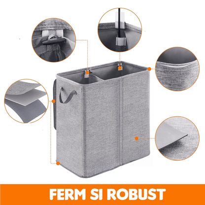 Coș de Rufe Pliabil, 2 Compartimente, 136 L, Sacii Detașabili, 55 x 77 x 35 cm, Gri