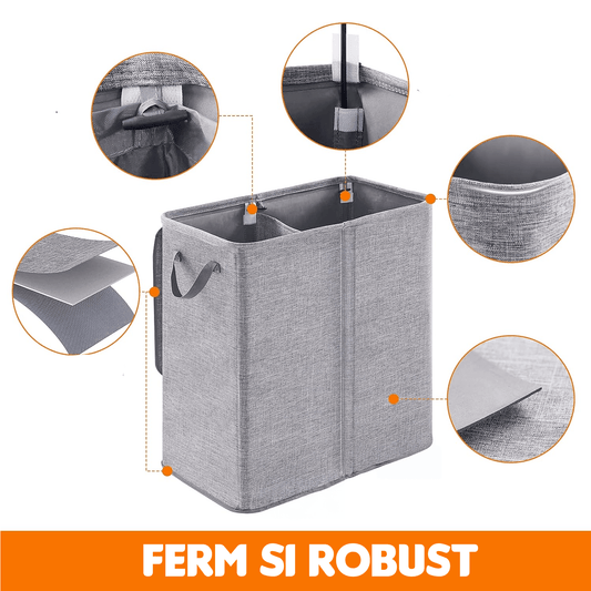 Coș de Rufe Pliabil, 2 Compartimente, 136 L, Sacii Detașabili, 55 x 77 x 35 cm, Gri