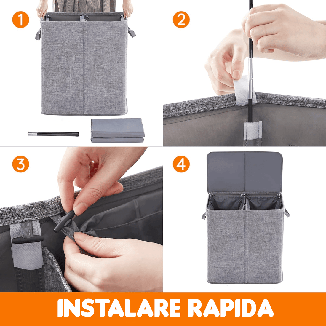 Coș de Rufe Pliabil, 2 Compartimente, 136 L, Sacii Detașabili, 55 x 77 x 35 cm, Gri