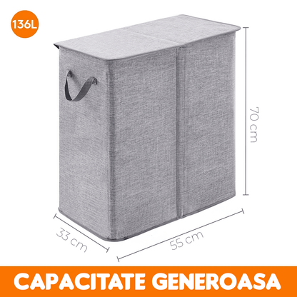 Coș de Rufe Pliabil, 2 Compartimente, 136 L, Sacii Detașabili, 55 x 77 x 35 cm, Gri