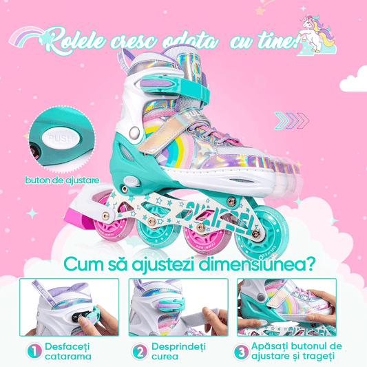 Role Reglabile S 28-31, Roți Luminoase Silicon, Rulmenți ABEC-7, Model Unicorn