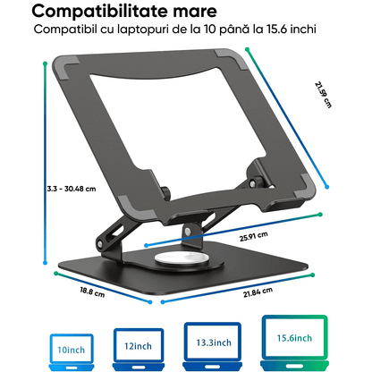 Suport Laptop Ergonomic, Reglabil, Bază Rotativă 360°, Negru
