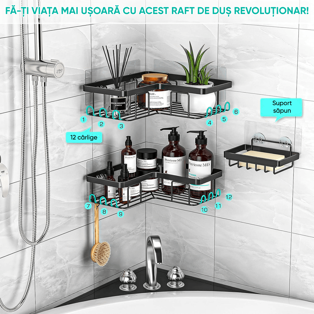 Raft de dus, etajera colt pentru baie,  pentru depozitare in bucatarie, organizator baie, set 3 bucati, Negru