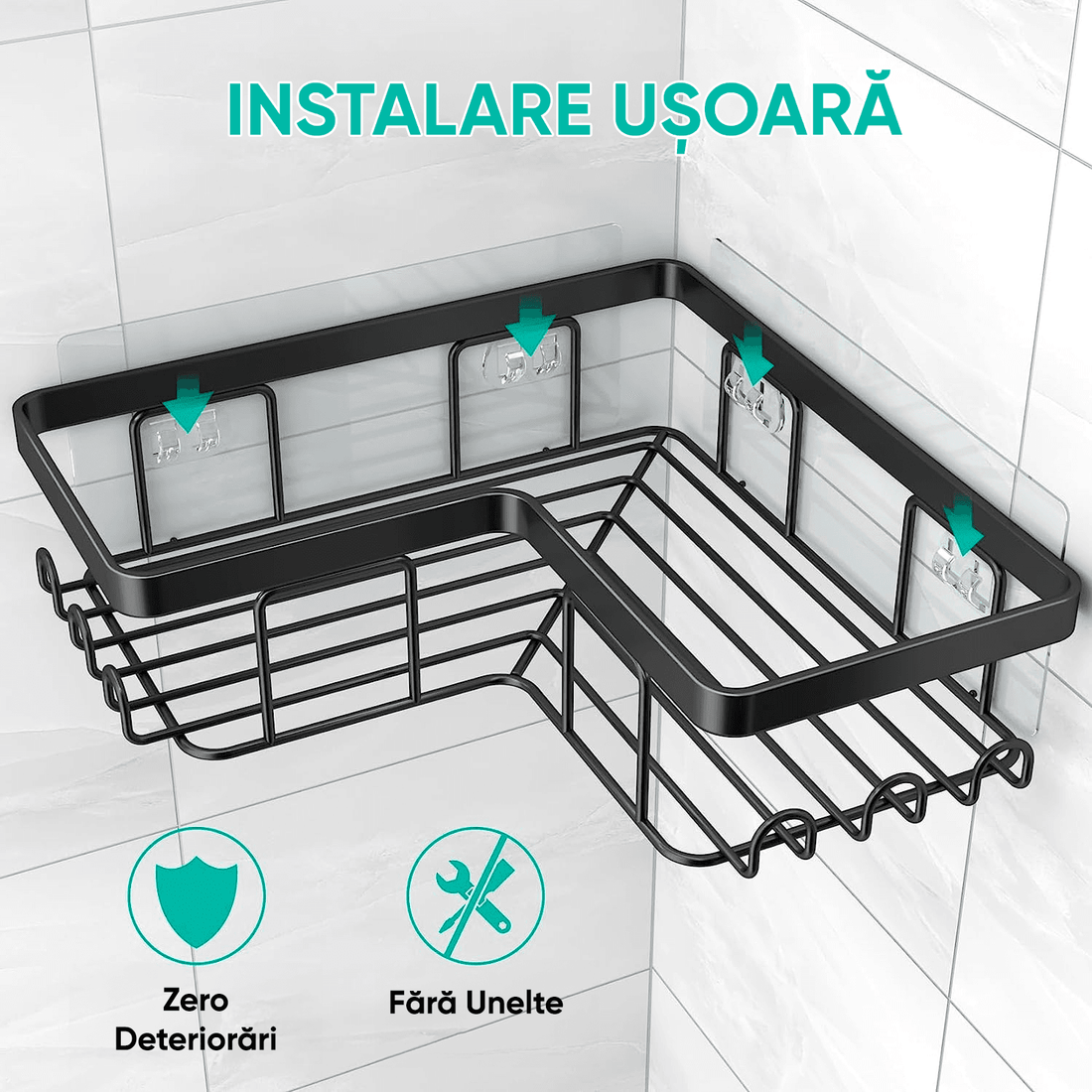 Raft de dus, etajera colt pentru baie,  pentru depozitare in bucatarie, organizator baie, set 3 bucati, Negru