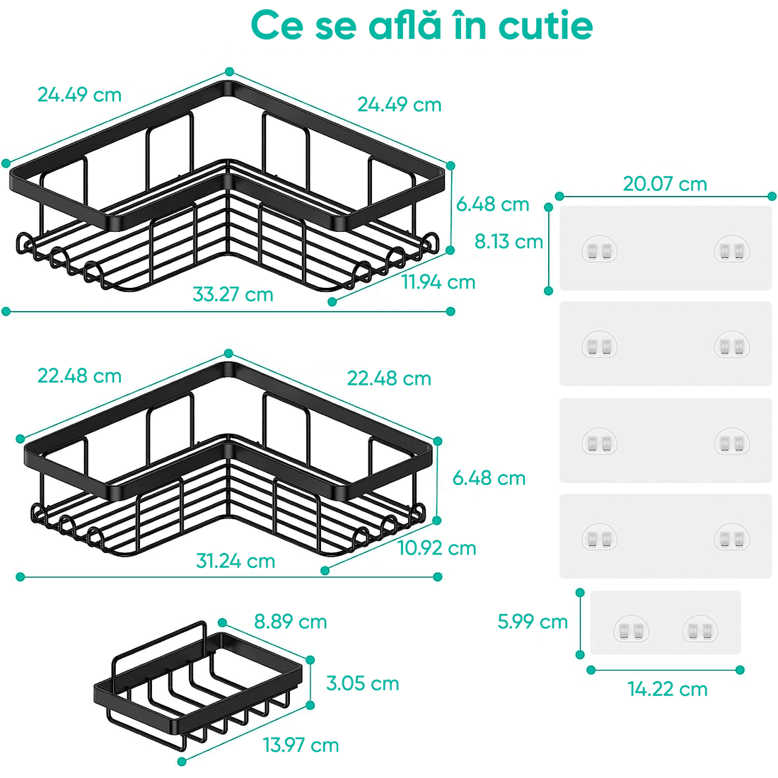 Raft de dus, etajera colt pentru baie,  pentru depozitare in bucatarie, organizator baie, set 3 bucati, Negru