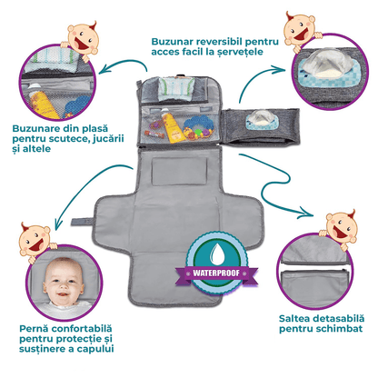 Set portabil pentru schimbat scutece, buzunar inteligent pentru șervețele, impermeabil, gri.