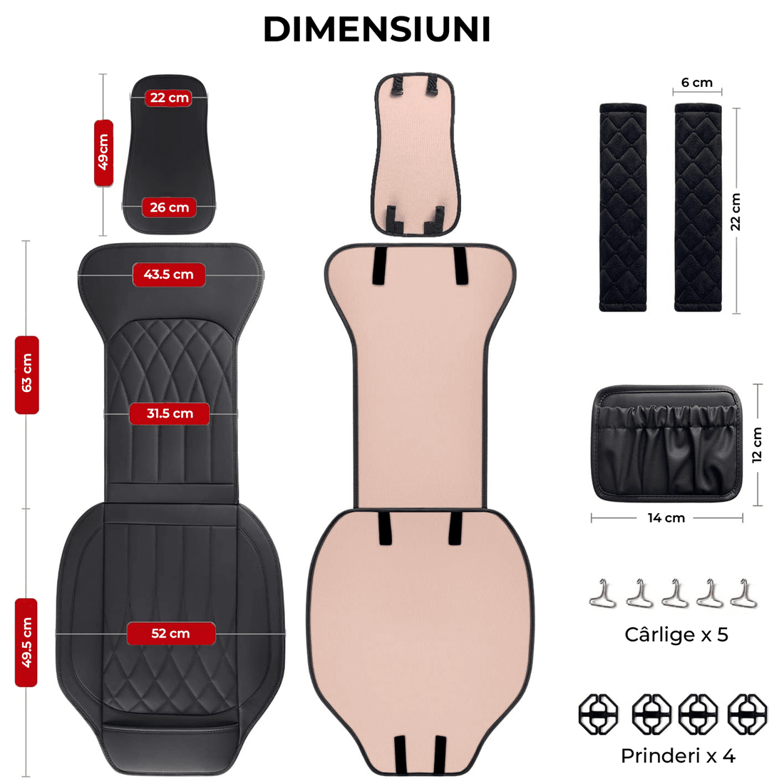 Set 2 Huse Impermeabile pentru Scaune Auto, cu Buzunar și Pernuțe pentru Centura de Siguranță, Negru
