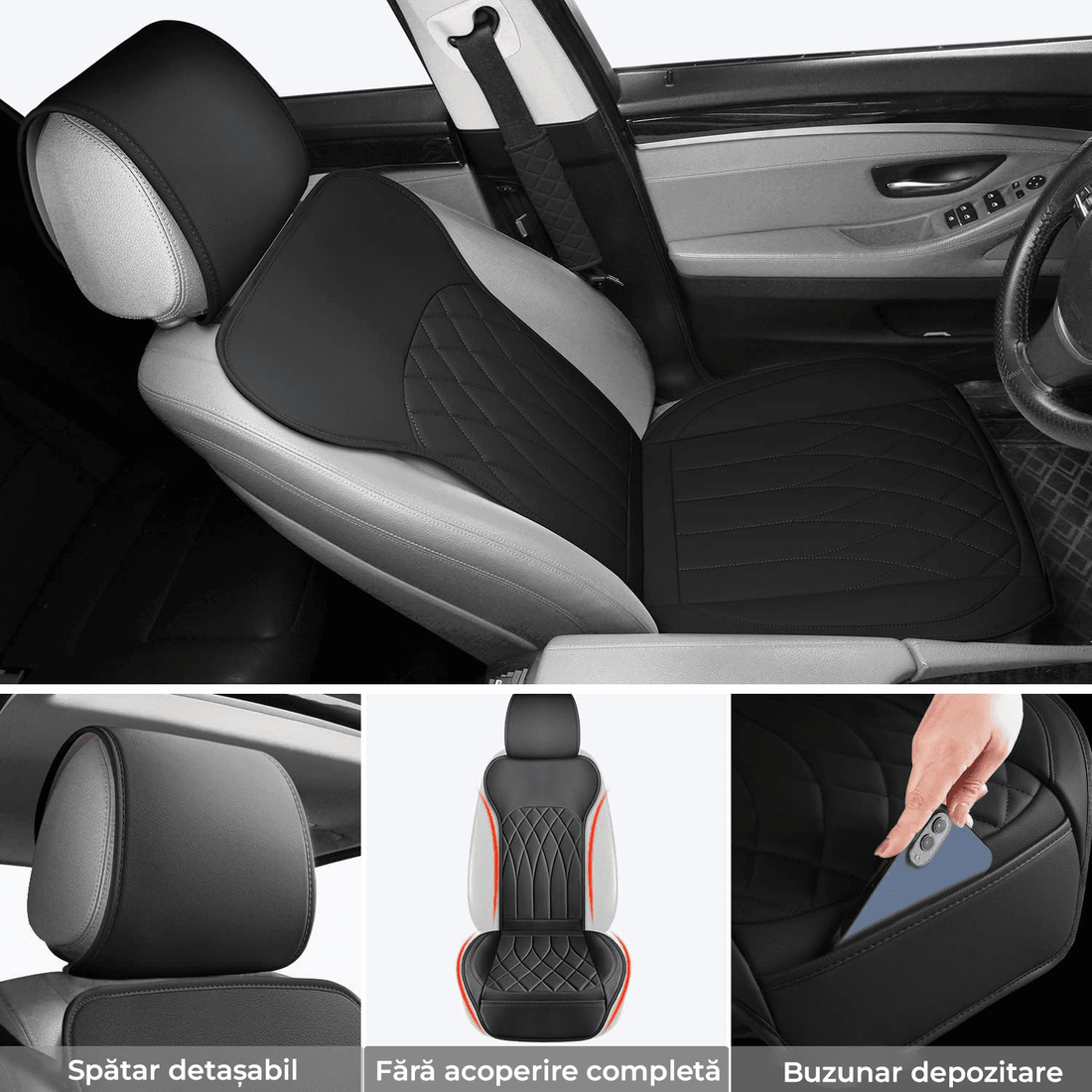 Set 2 Huse Impermeabile pentru Scaune Auto, cu Buzunar și Pernuțe pentru Centura de Siguranță, Negru