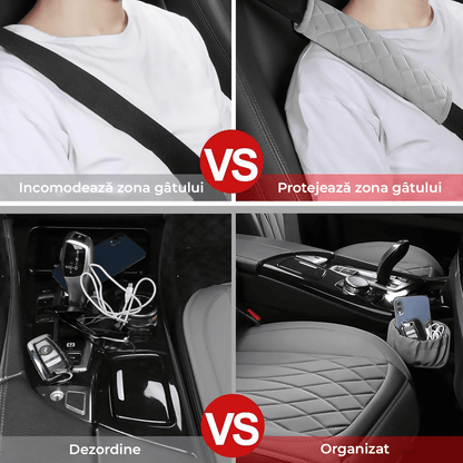 Set 2 Huse Impermeabile pentru Scaune Auto cu Buzunar și Pernițe pentru Centura de Siguranță, Gri