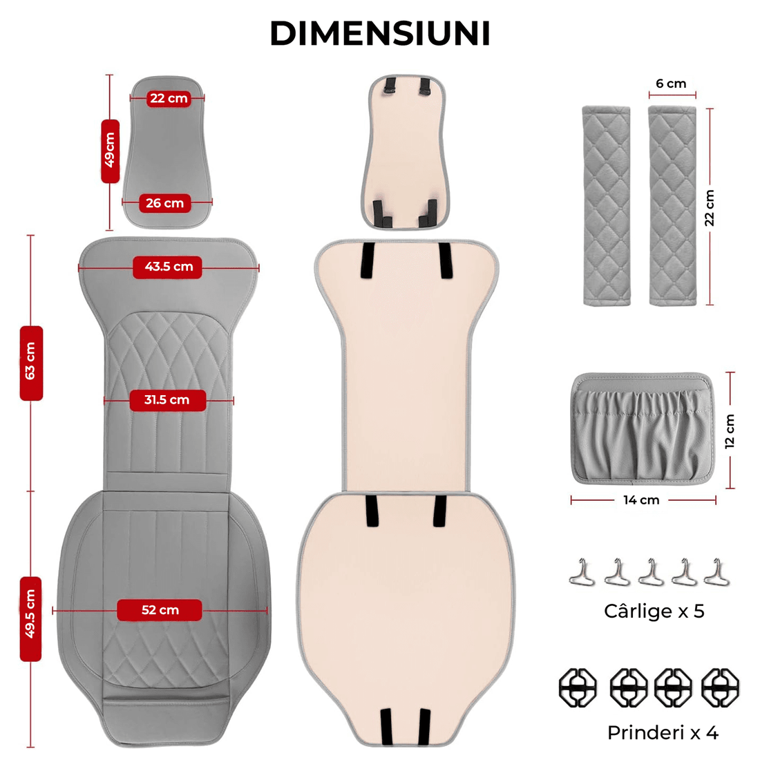 Set 2 Huse Impermeabile pentru Scaune Auto cu Buzunar și Pernițe pentru Centura de Siguranță, Gri