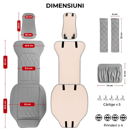 Set 2 Huse Impermeabile pentru Scaune Auto cu Buzunar și Pernițe pentru Centura de Siguranță, Gri