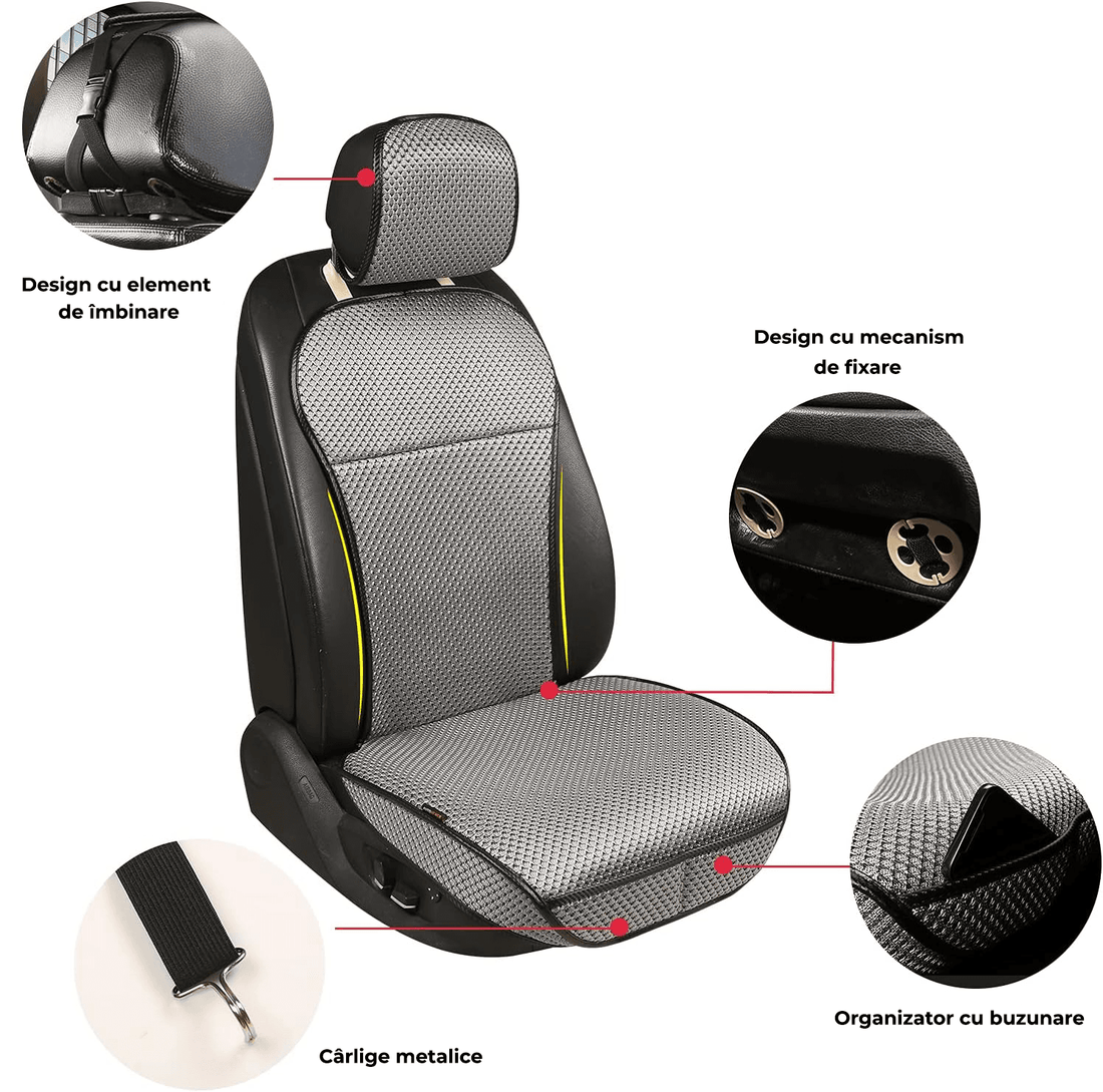 Set Complet Huse pentru Scaune Auto, Fata și Spate, Elegante și Respirabile, Compatibile Airbag, Gri