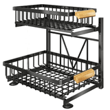 Organizator Bucătărie-Baie, Raft Metalic 2 Nivele cu Coșuri Culisante, Negru