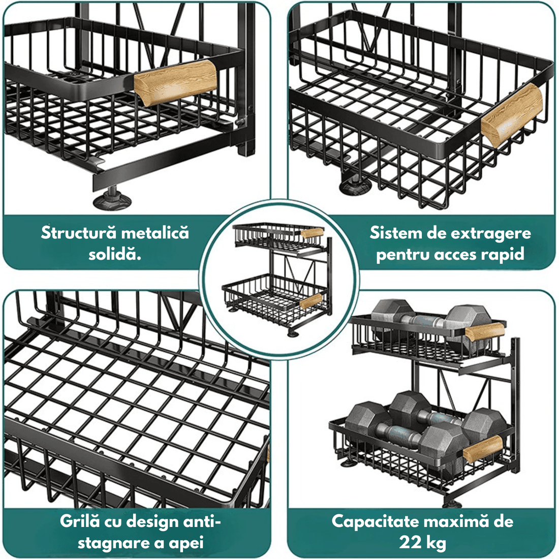 Organizator Bucătărie-Baie, Raft Metalic 2 Nivele cu Coșuri Culisante, Negru