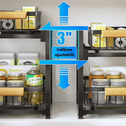 Organizator Bucătărie-Baie, Raft Metalic 2 Nivele cu Coșuri Culisante, Negru