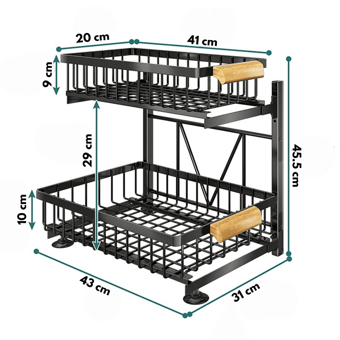 Organizator Bucătărie-Baie, Raft Metalic 2 Nivele cu Coșuri Culisante, Negru