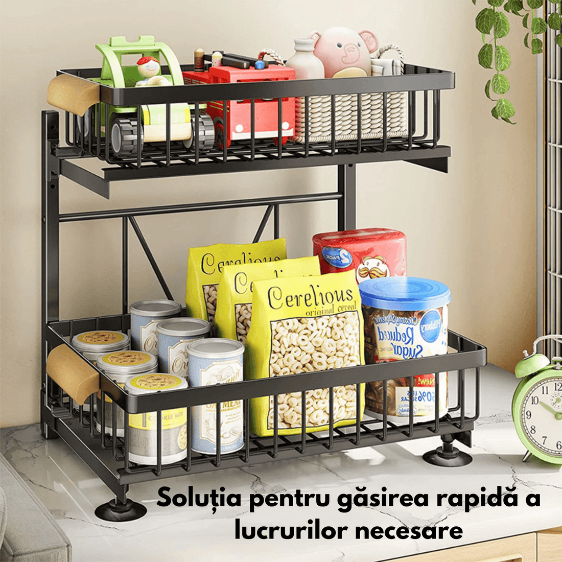 Organizator Bucătărie-Baie, Raft Metalic 2 Nivele cu Coșuri Culisante, Negru