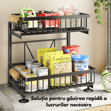 Organizator Bucătărie-Baie, Raft Metalic 2 Nivele cu Coșuri Culisante, Negru