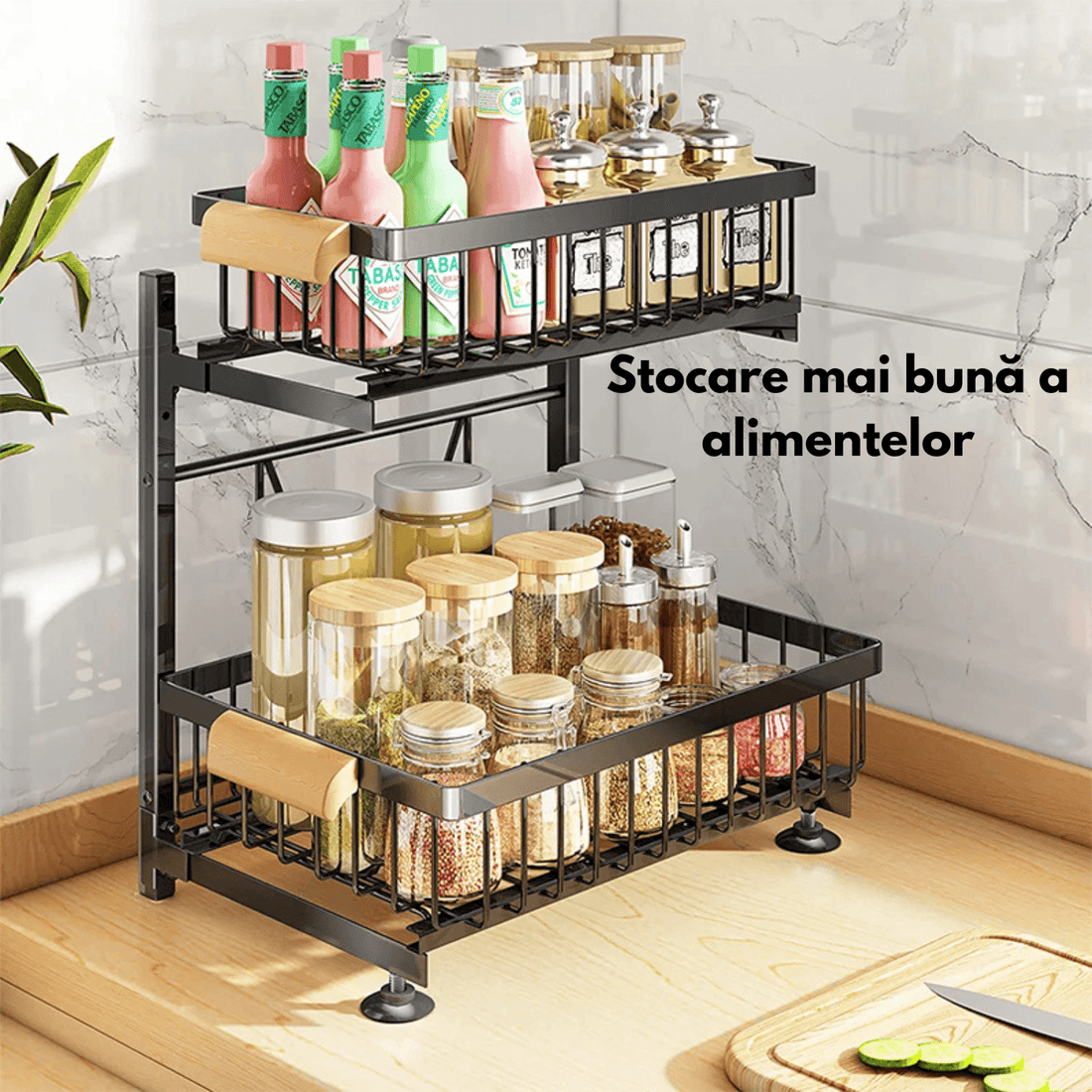 Organizator Bucătărie-Baie, Raft Metalic 2 Nivele cu Coșuri Culisante, Negru