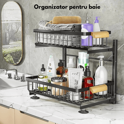 Organizator Bucătărie-Baie, Raft Metalic 2 Nivele cu Coșuri Culisante, Negru