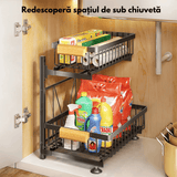Organizator Bucătărie-Baie, Raft Metalic 2 Nivele cu Coșuri Culisante, Negru