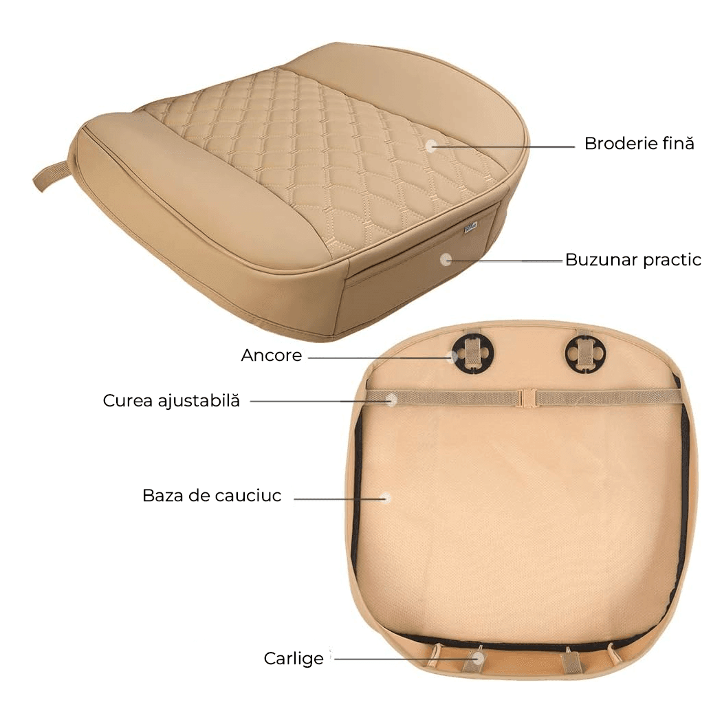 Husa scaun auto, universala, 54 x 53 cm, ofera protectie pentru sezut scaun fata, anti-alunecare, model matlasat, piele PU, design elegant cu buzunar pentru depozitare, Bej