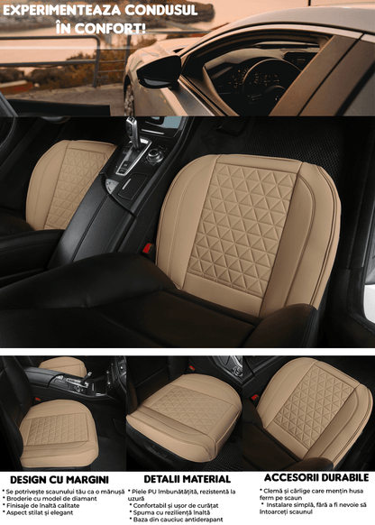 Husa scaun auto, universala, 54 x 53 cm, ofera protectie pentru sezut scaun fata, anti-alunecare, model matlasat, piele PU, design elegant cu buzunar pentru depozitare, Bej