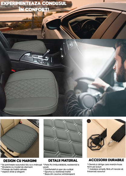 Husă Auto Universală 51 x 52 cm, Anti-Alunecare, Piele PU Matlasată, Design Elegant cu Buzunar de Depozitare, Gri