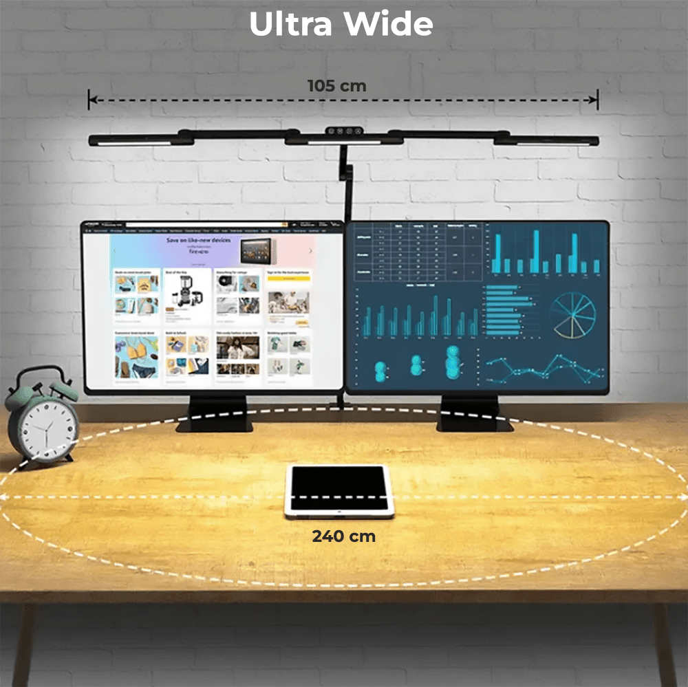 Lampă de Birou Ultra-Wide cu 3 Bare LED, Pliabilă, Clema Metalică, 3000K-6500K, Intensitate Reglabilă, 5 Trepte Temperatură Culoare