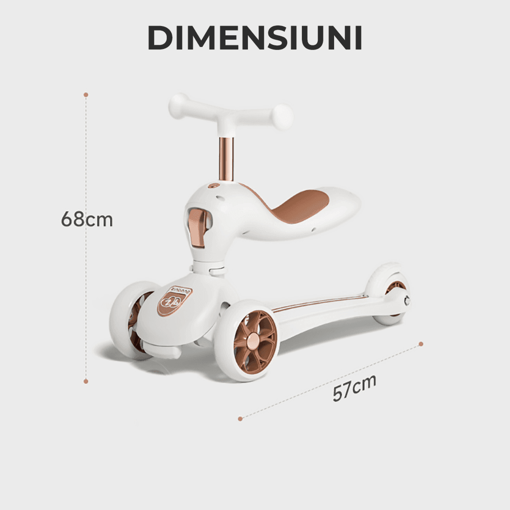 Trotinetă Copii 2 în 1 cu Șezut, Roți Luminoase, 1-5 Ani, 60 kg, Alb.