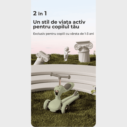 Trotinetă Copii 2 în 1 cu Șezut, Roți Luminoase, 1-5 Ani, 33 kg, Alb