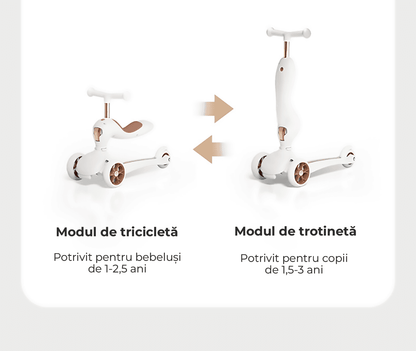 Trotinetă Copii 2 în 1 cu Șezut, Roți Luminoase, 1-5 Ani, 60 kg, Alb.