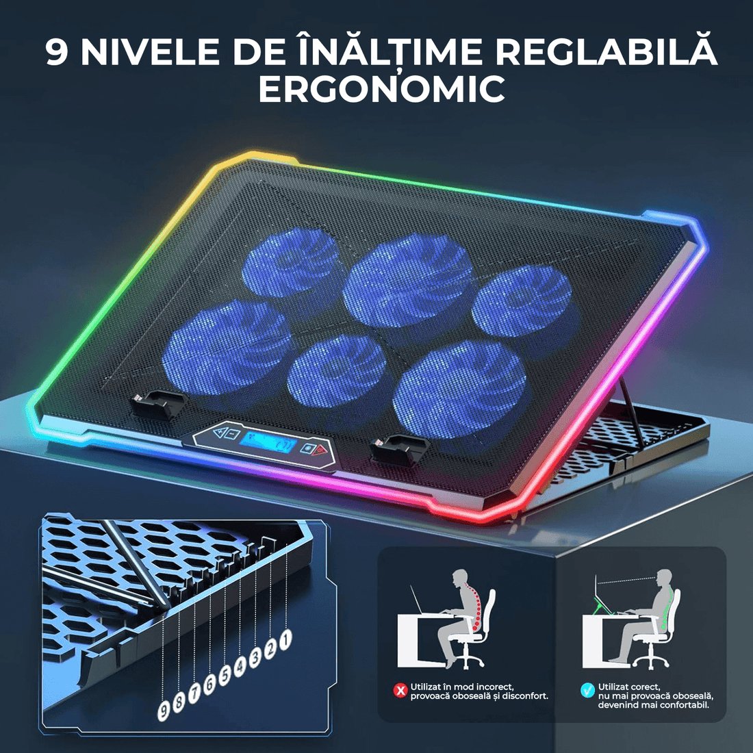 Cooler Gaming RGB Laptop, 15.6-17.3", 9 Trepte, LED, LCD, 2 USB, Negru
