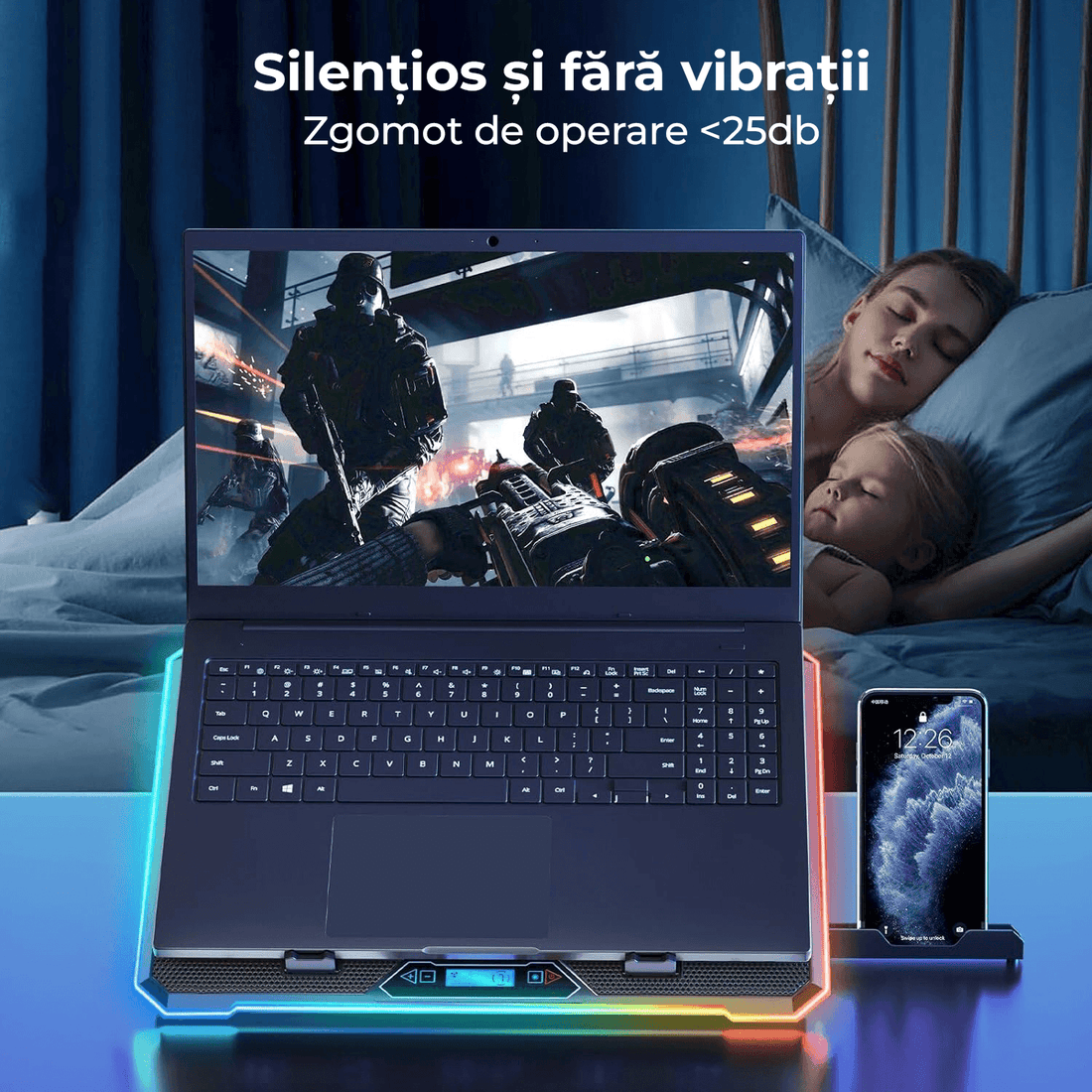 Cooler Gaming RGB Laptop, 15.6-17.3", 9 Trepte, LED, LCD, 2 USB, Negru