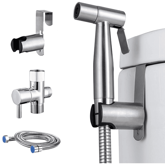 Set Duș Igienic pentru Igiena Intimă, Baterie Bideu și WC, Oțel Inoxidabil, Para + Furtun + Baterie + Agățătoare, Presiune Reglabilă, Filet 7/8, Argintiu