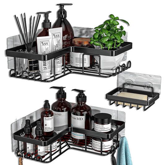 Raft de dus, etajera colt pentru baie,  pentru depozitare in bucatarie, organizator baie, set 3 bucati, Negru