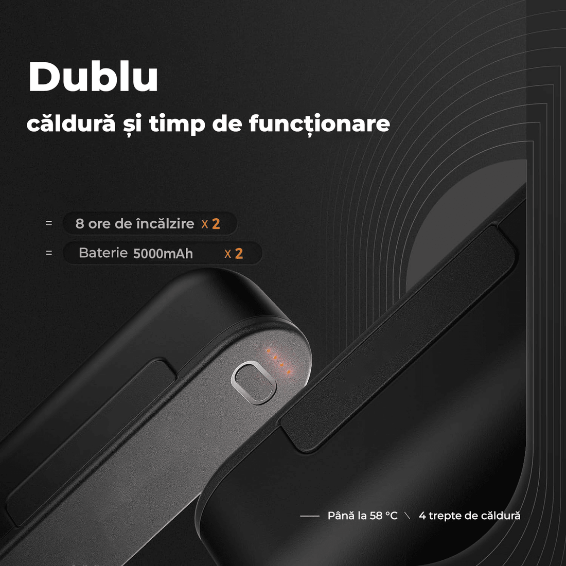 Set Încălzitoare de Mâini Reîncărcabile, Magnetice, 16 Ore de Căldură, 4 Nivele Până la 58°C, Încărcător Portabil USB-C 10000mAh, Negru