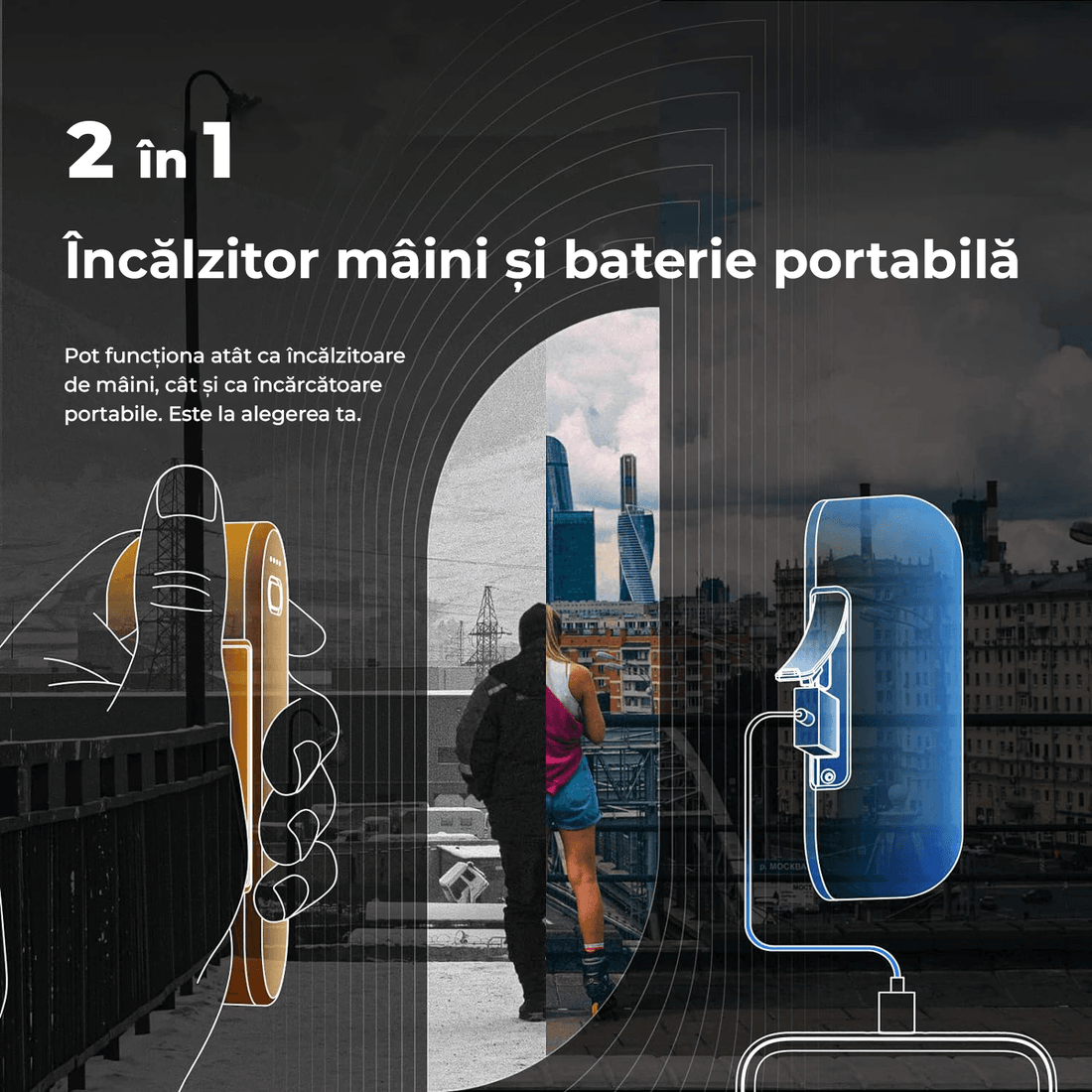 Set Încălzitoare de Mâini Reîncărcabile, Magnetice, 16 Ore de Căldură, 4 Nivele Până la 58°C, Încărcător Portabil USB-C 10000mAh, Negru