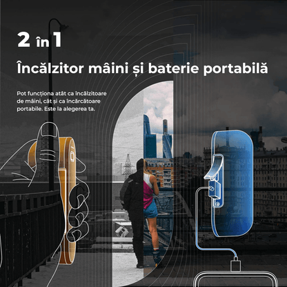 Set Încălzitoare de Mâini Reîncărcabile, Magnetice, 16 Ore de Căldură, 4 Nivele Până la 58°C, Încărcător Portabil USB-C 10000mAh, Negru
